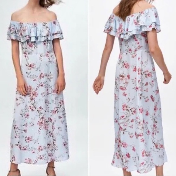 ZARA Floral Off the Shoulder Maxi Dress sz medium soft silky 100% viscose - Picture 1 of 5